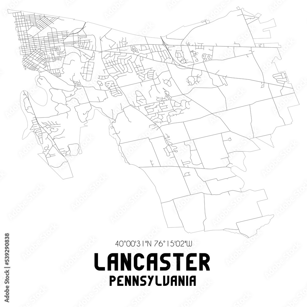 Lancaster Pennsylvania. US street map with black and white lines.