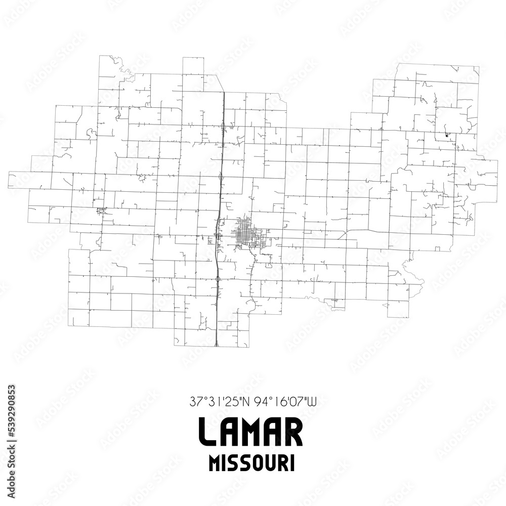 Lamar Missouri. US street map with black and white lines.