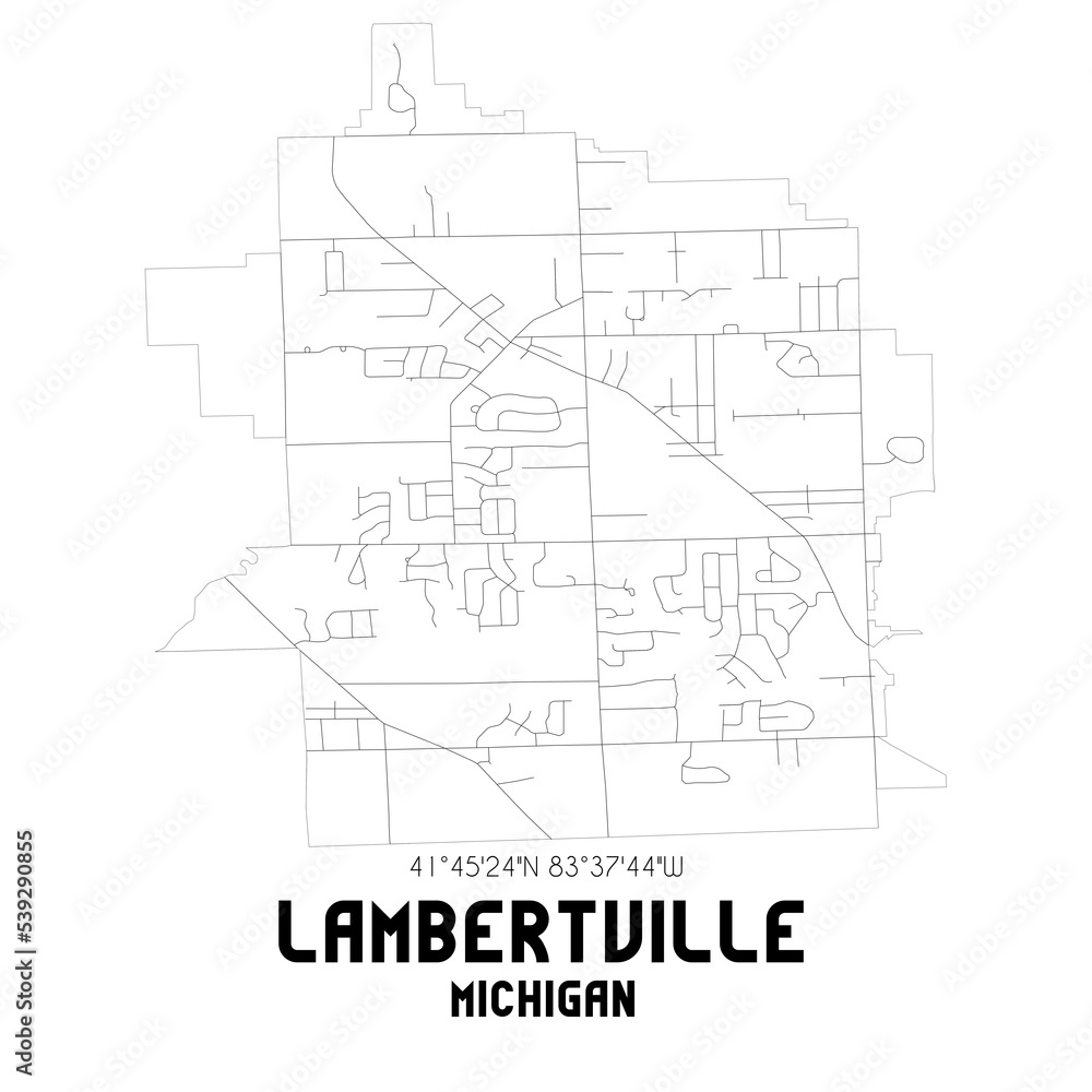 Lambertville Michigan. US street map with black and white lines.
