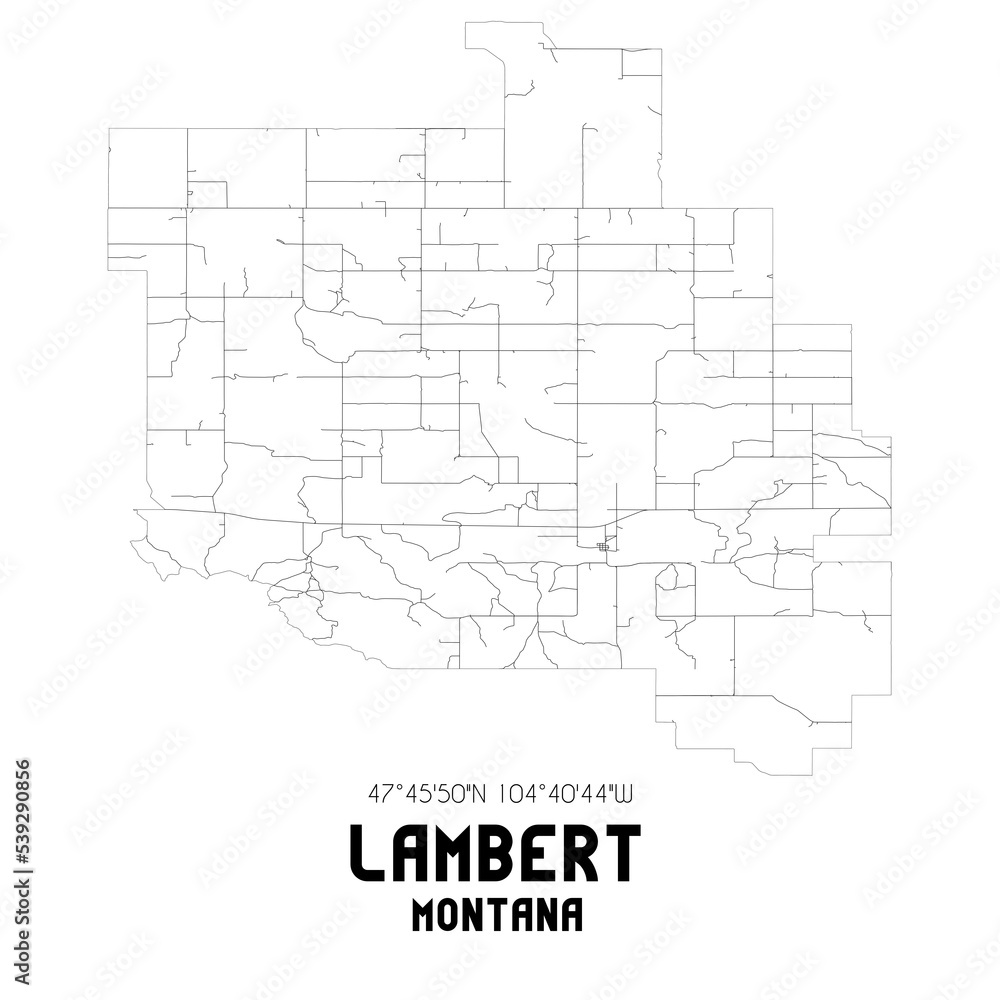 Lambert Montana. US street map with black and white lines.