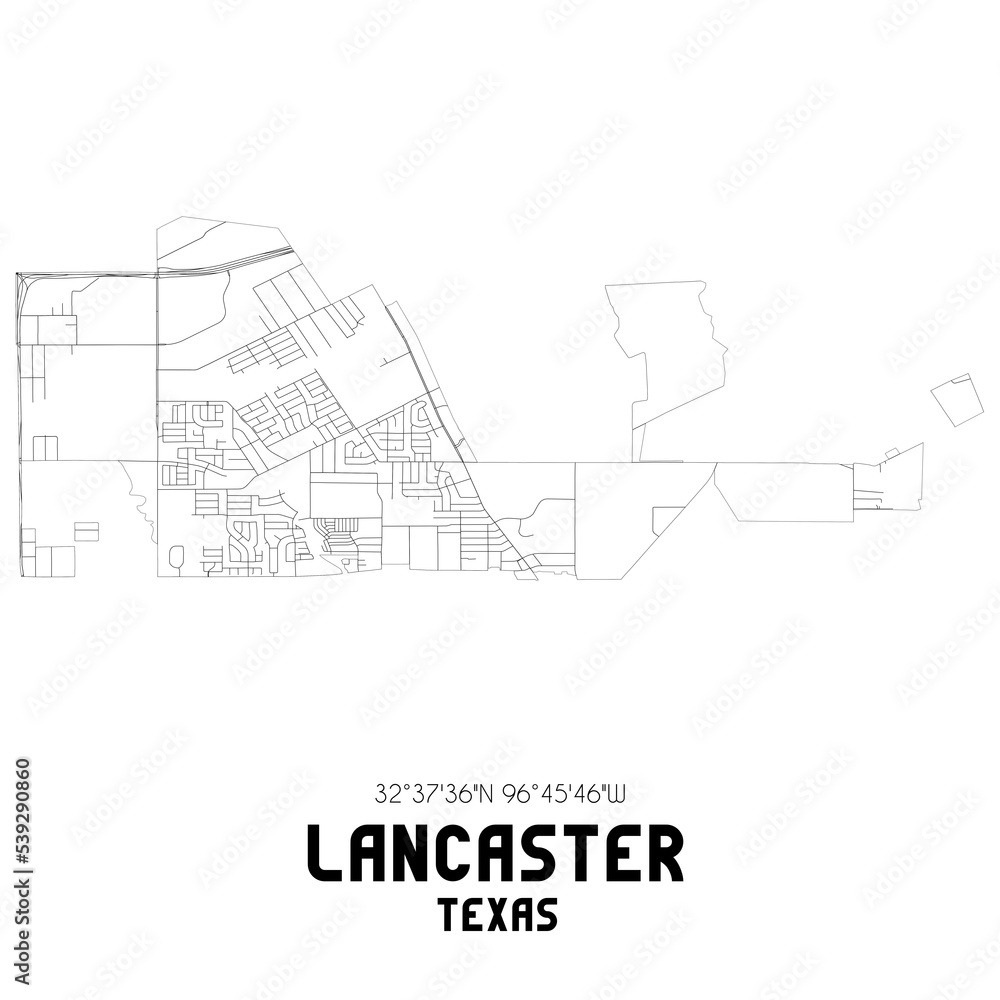 Lancaster Texas. US street map with black and white lines.