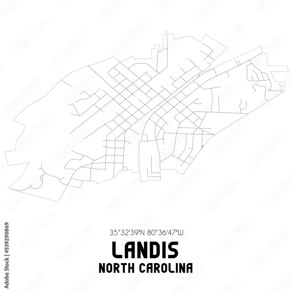 Landis North Carolina. US street map with black and white lines.