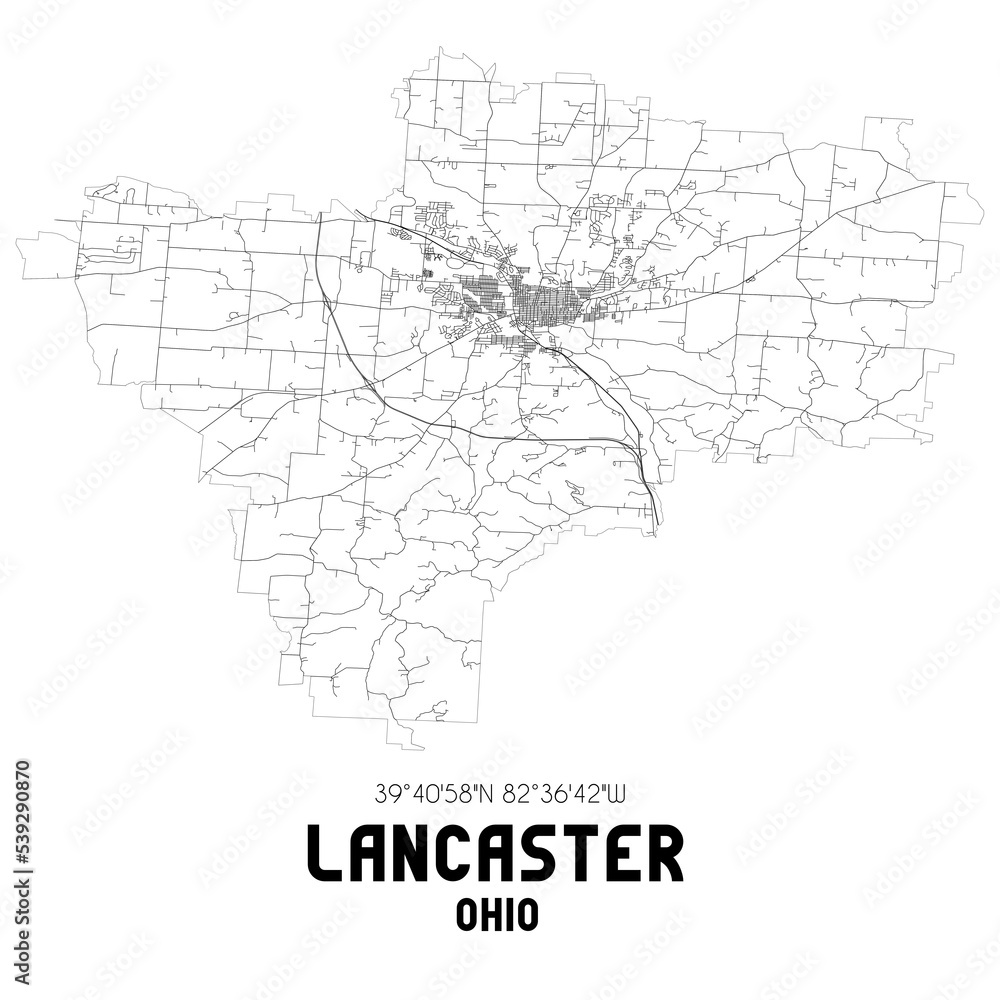Lancaster Ohio. US street map with black and white lines.