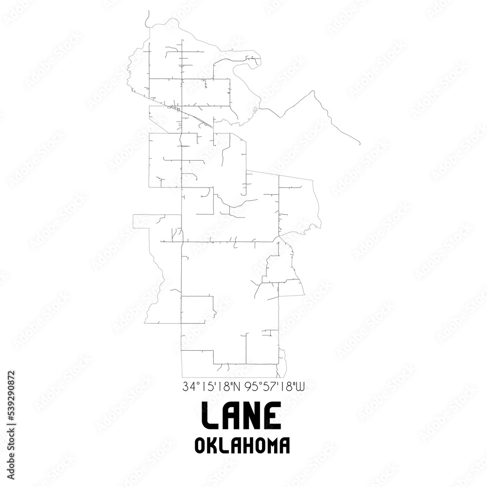 Lane Oklahoma. US street map with black and white lines.