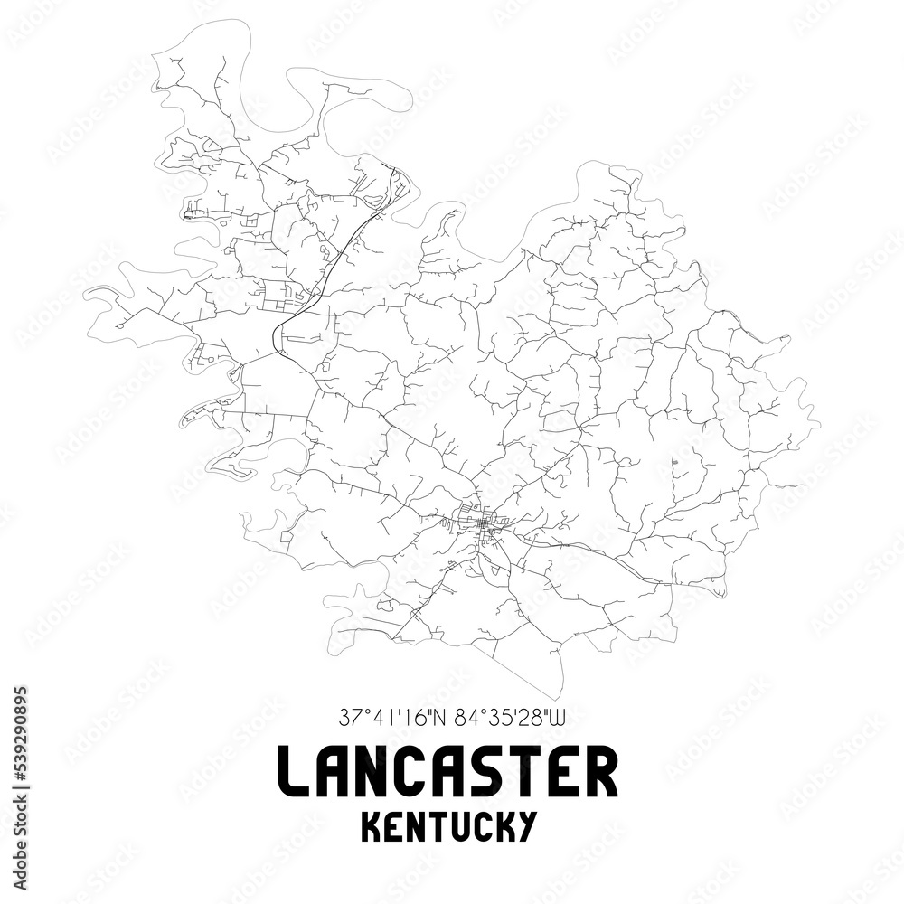 Lancaster Kentucky. US street map with black and white lines.