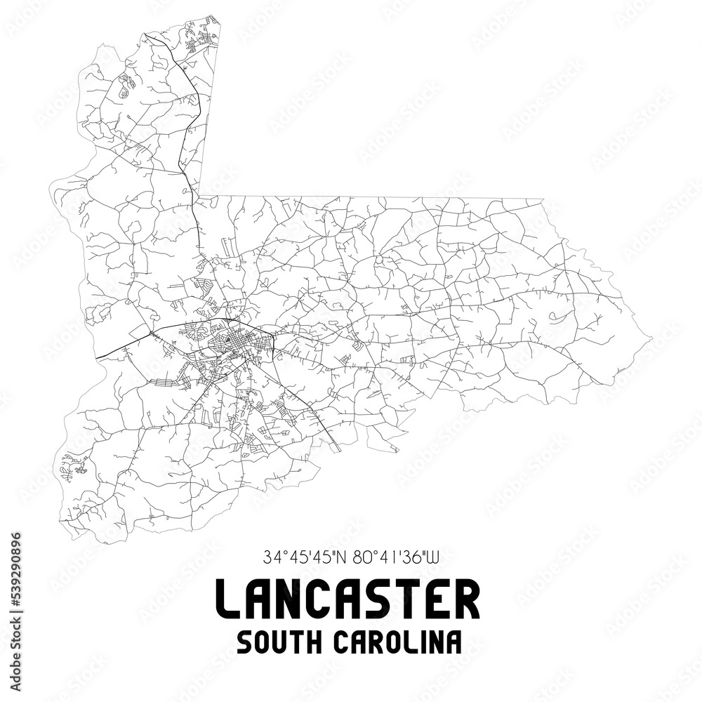 Lancaster South Carolina. US street map with black and white lines.