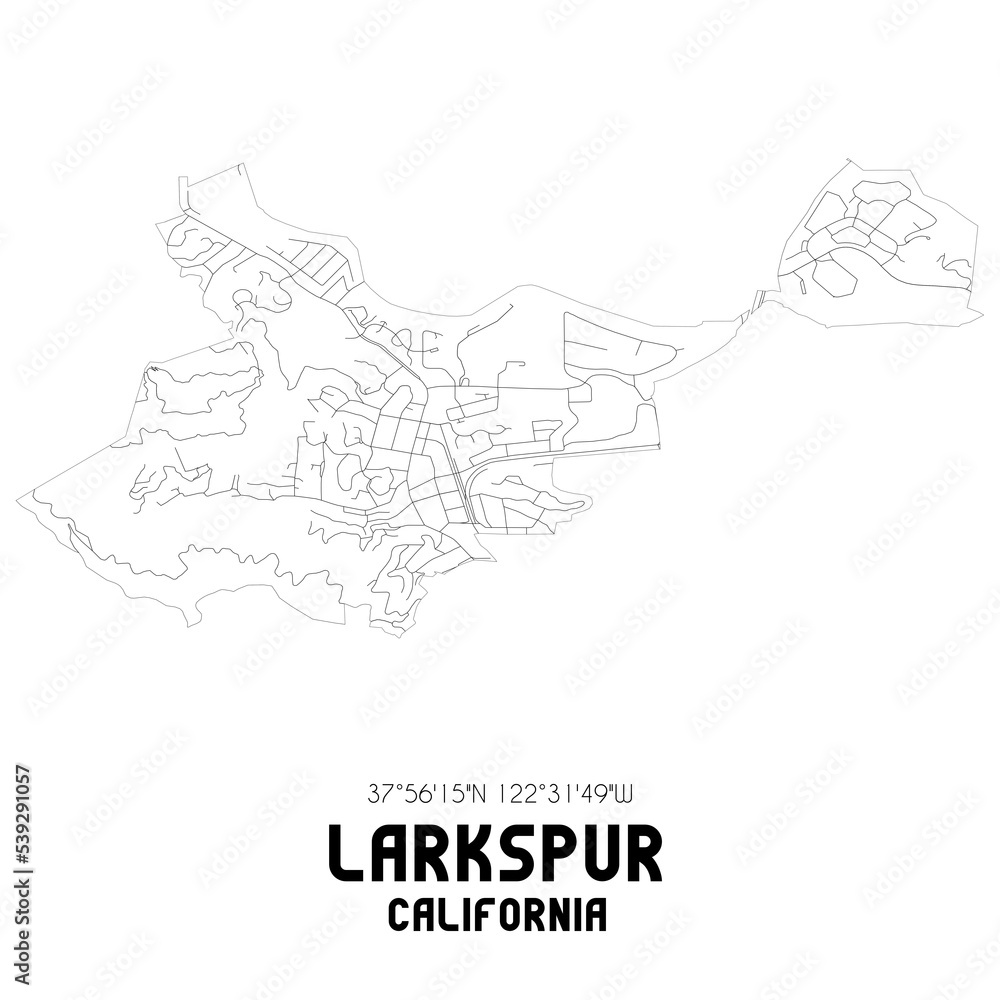 Larkspur California. US street map with black and white lines.