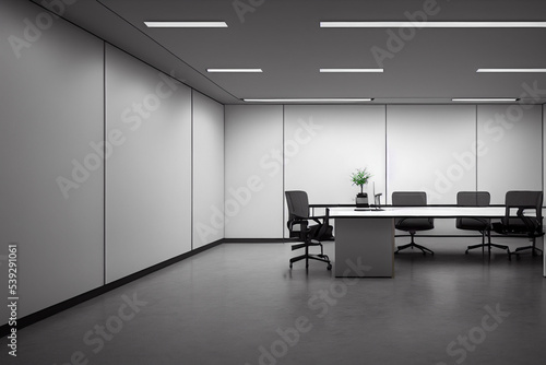 Empty office room with a mock grey wall, chair and table for your logo. Office room with a floor wall, to place the corporate attributes of the company. 3D Office Rendering