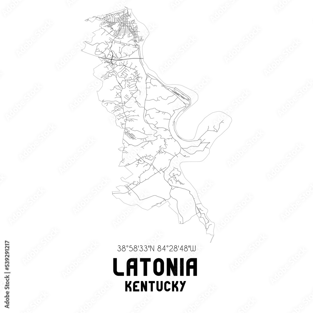 Latonia Kentucky. US street map with black and white lines.