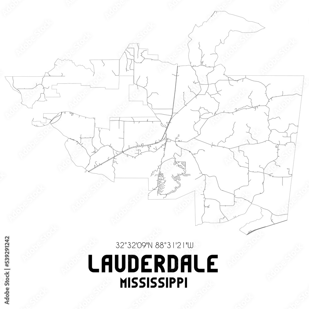 Lauderdale Mississippi. US street map with black and white lines.
