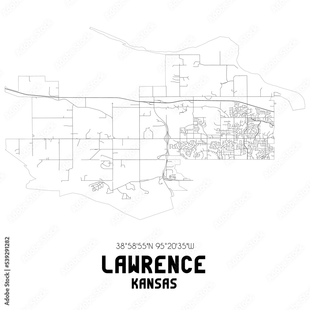 Lawrence Kansas. US street map with black and white lines.