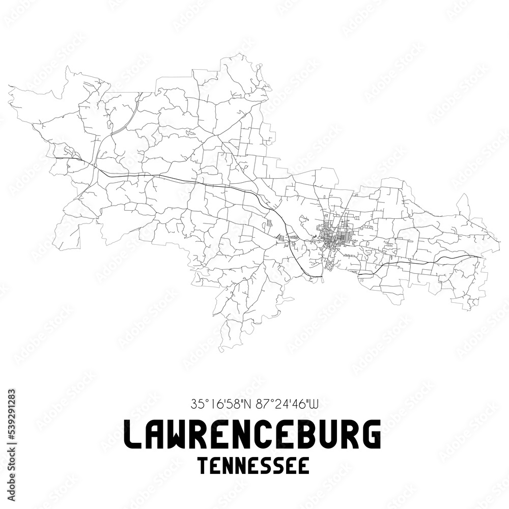 Lawrenceburg Tennessee. US street map with black and white lines.