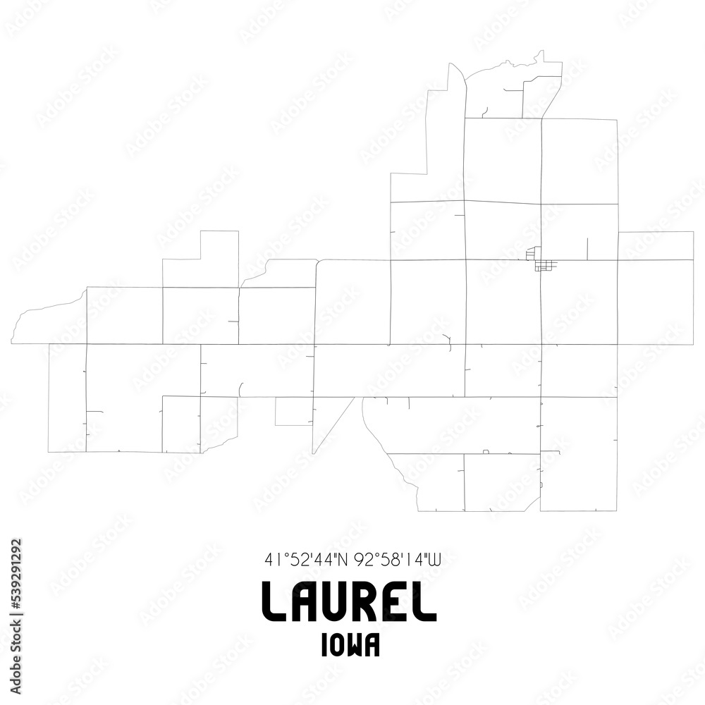 Laurel Iowa. US street map with black and white lines.
