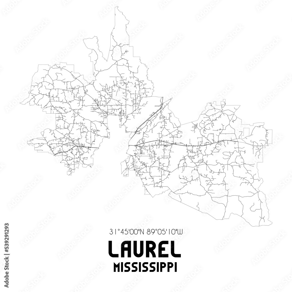 Laurel Mississippi. US street map with black and white lines.