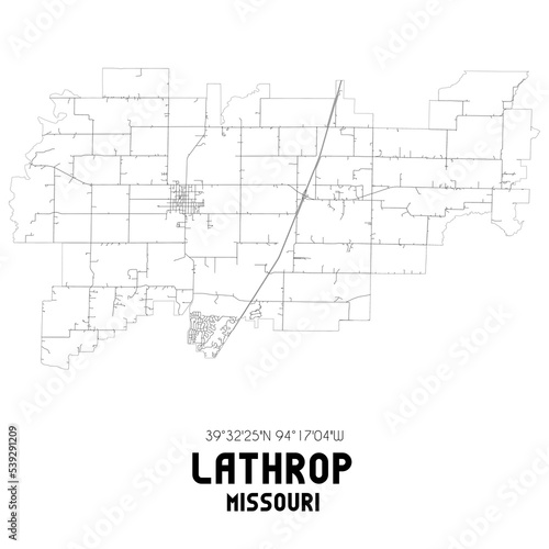 Lathrop Missouri. US street map with black and white lines.
