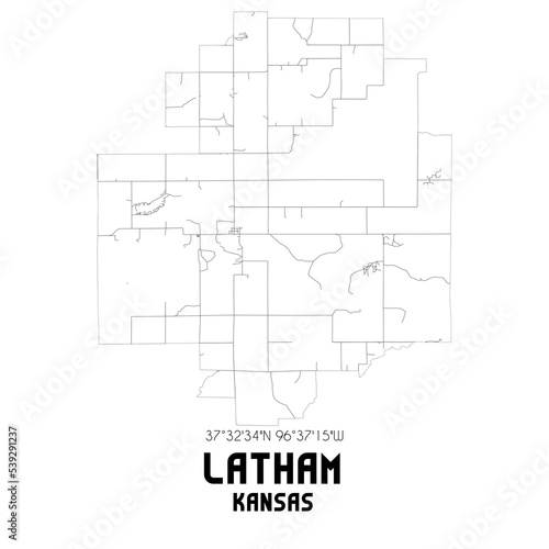 Latham Kansas. US street map with black and white lines.