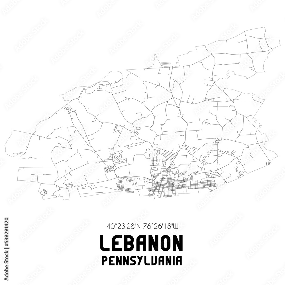 Lebanon Pennsylvania. US street map with black and white lines.