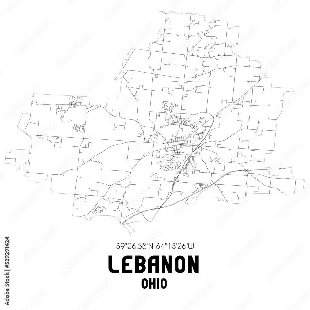 Lebanon Ohio. US street map with black and white lines.
