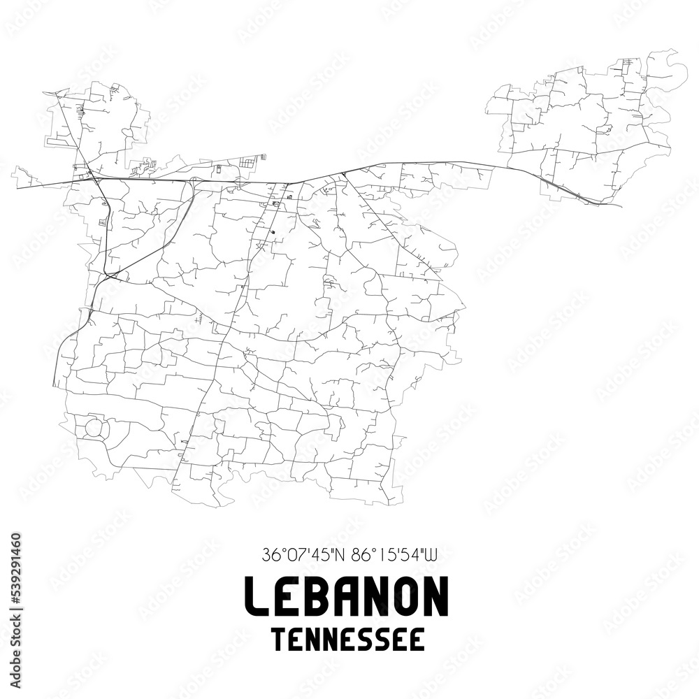 Lebanon Tennessee. US street map with black and white lines.