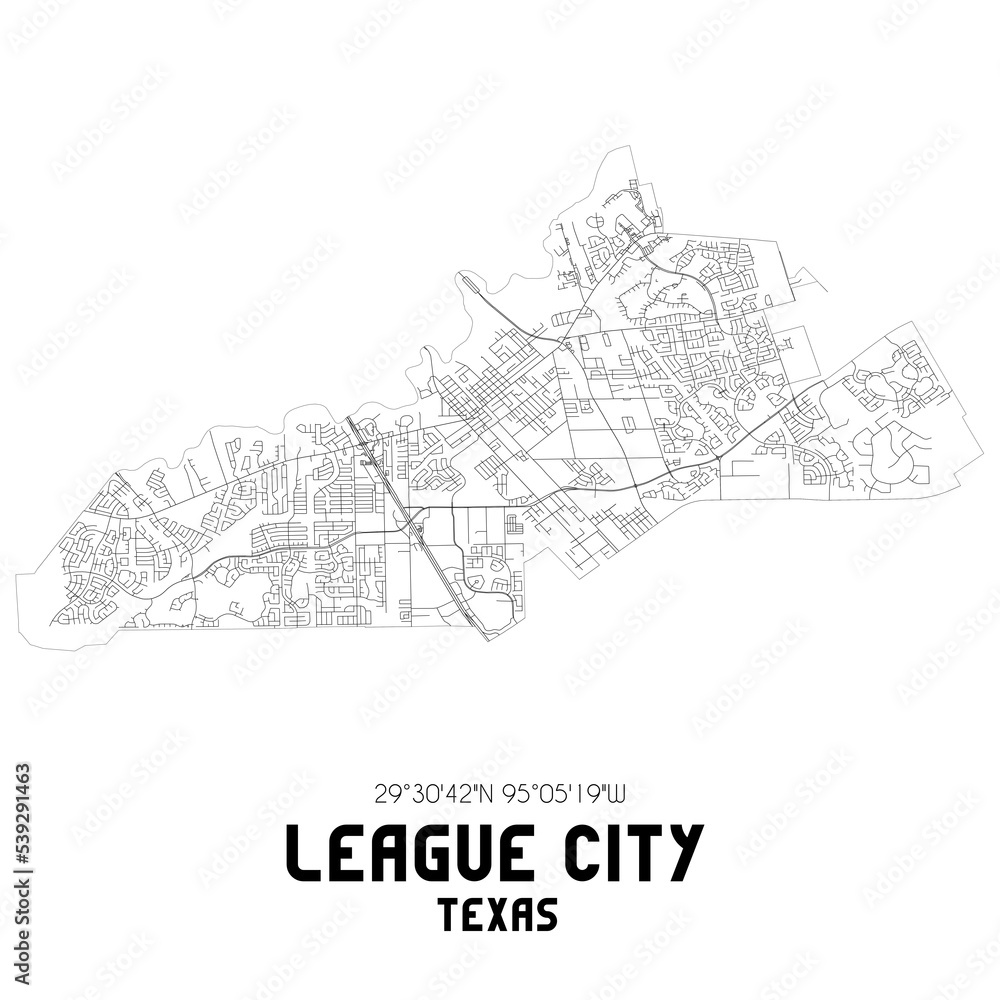 League City Texas. US street map with black and white lines.