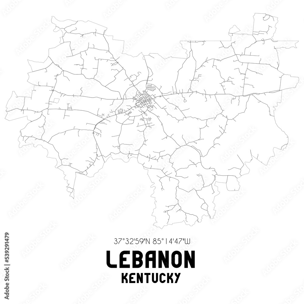 Lebanon Kentucky. US street map with black and white lines.