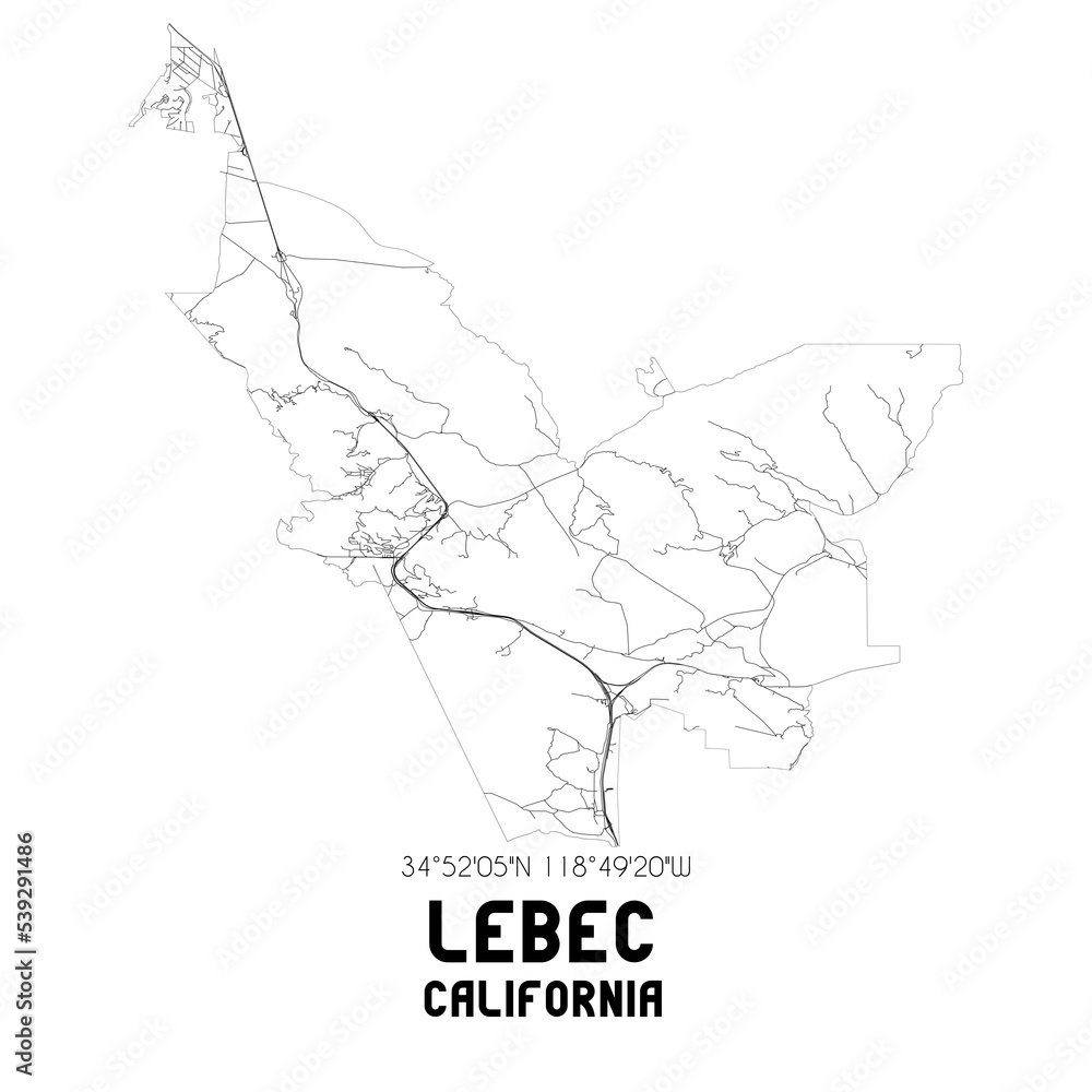 Lebec California. US street map with black and white lines.