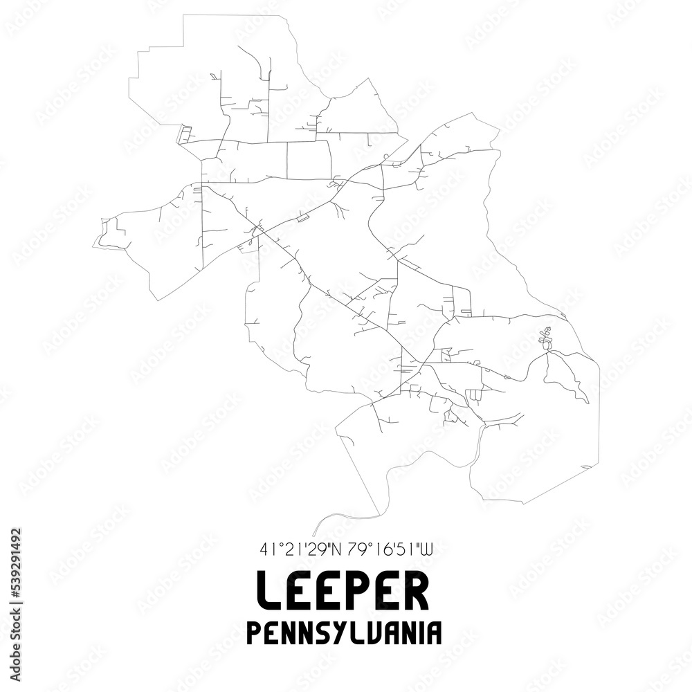 Leeper Pennsylvania. US street map with black and white lines.