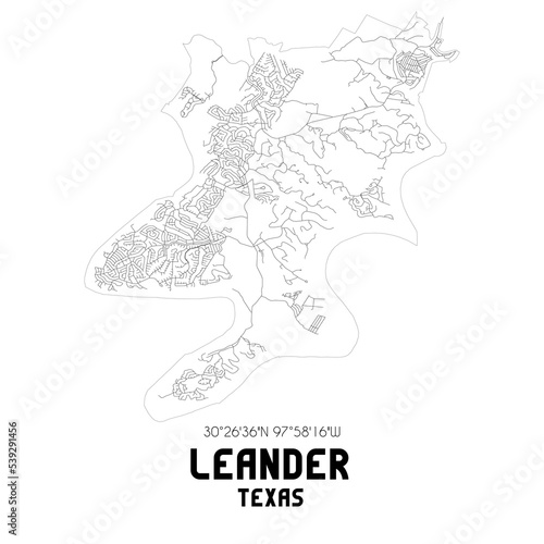Leander Texas. US street map with black and white lines.