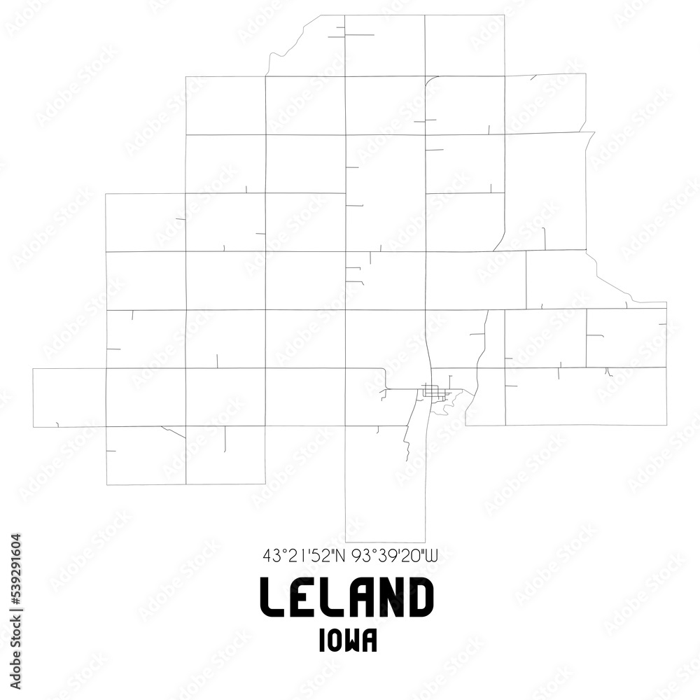 Leland Iowa. US street map with black and white lines.