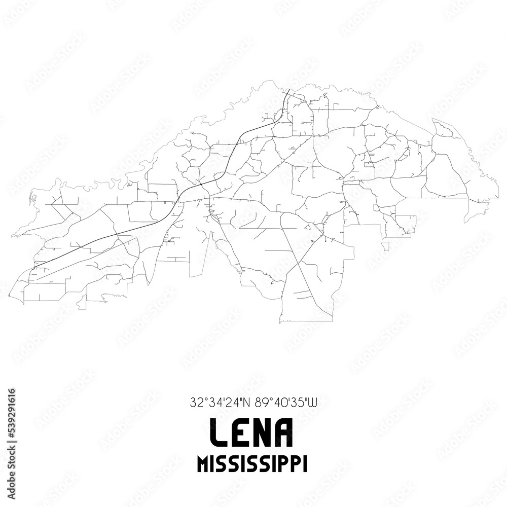Lena Mississippi. US street map with black and white lines.