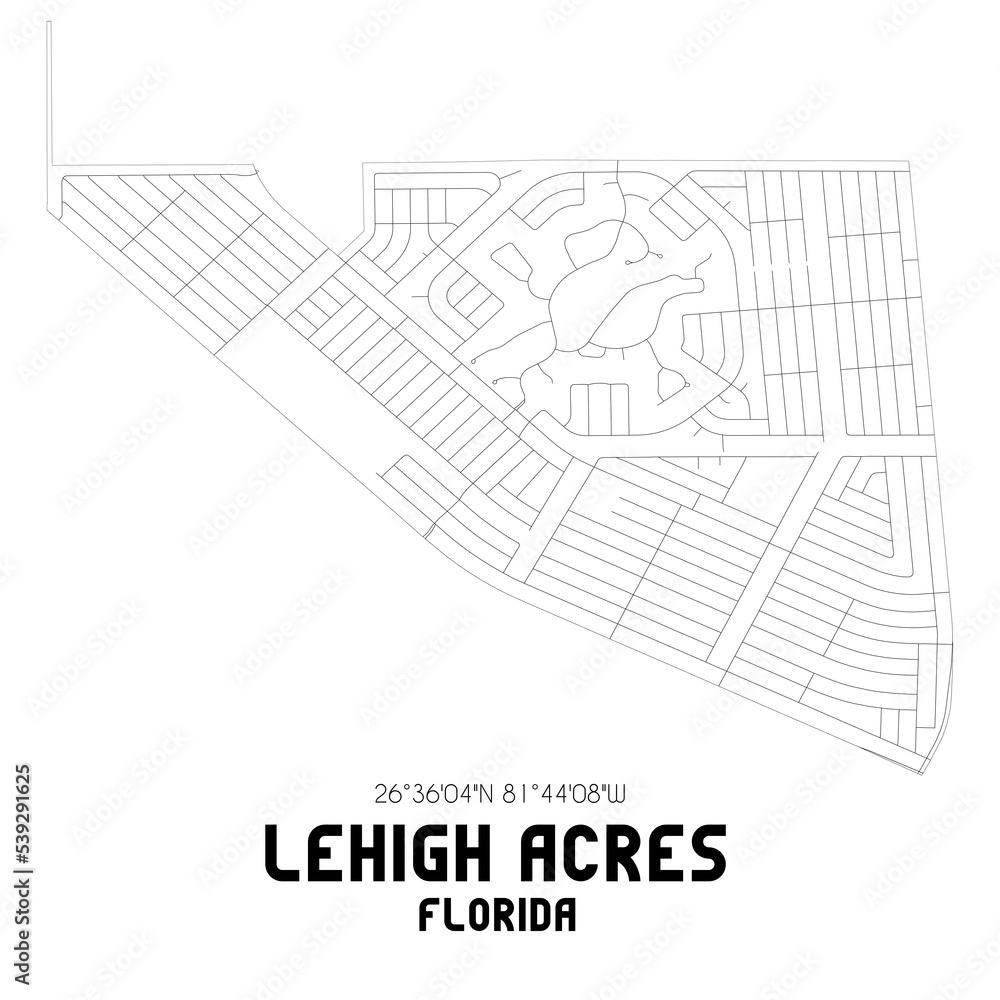 Lehigh Acres Florida. US street map with black and white lines.