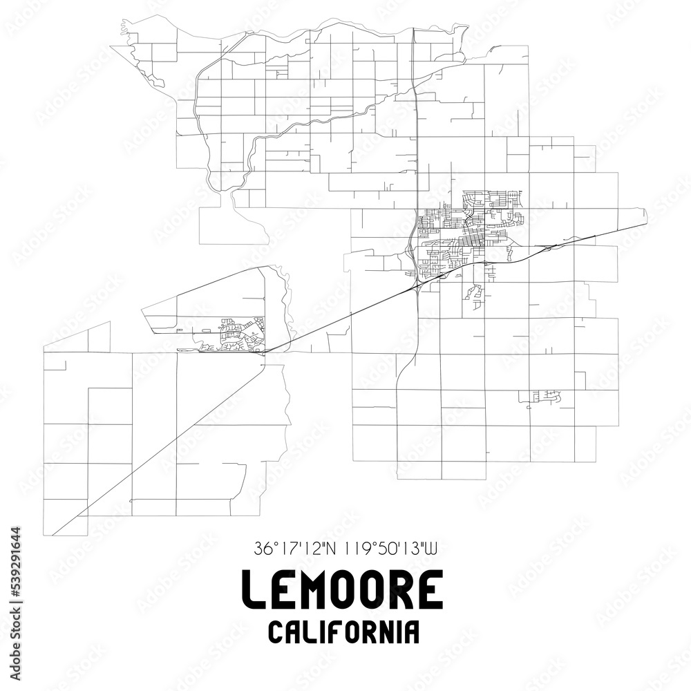 Lemoore California. US street map with black and white lines.