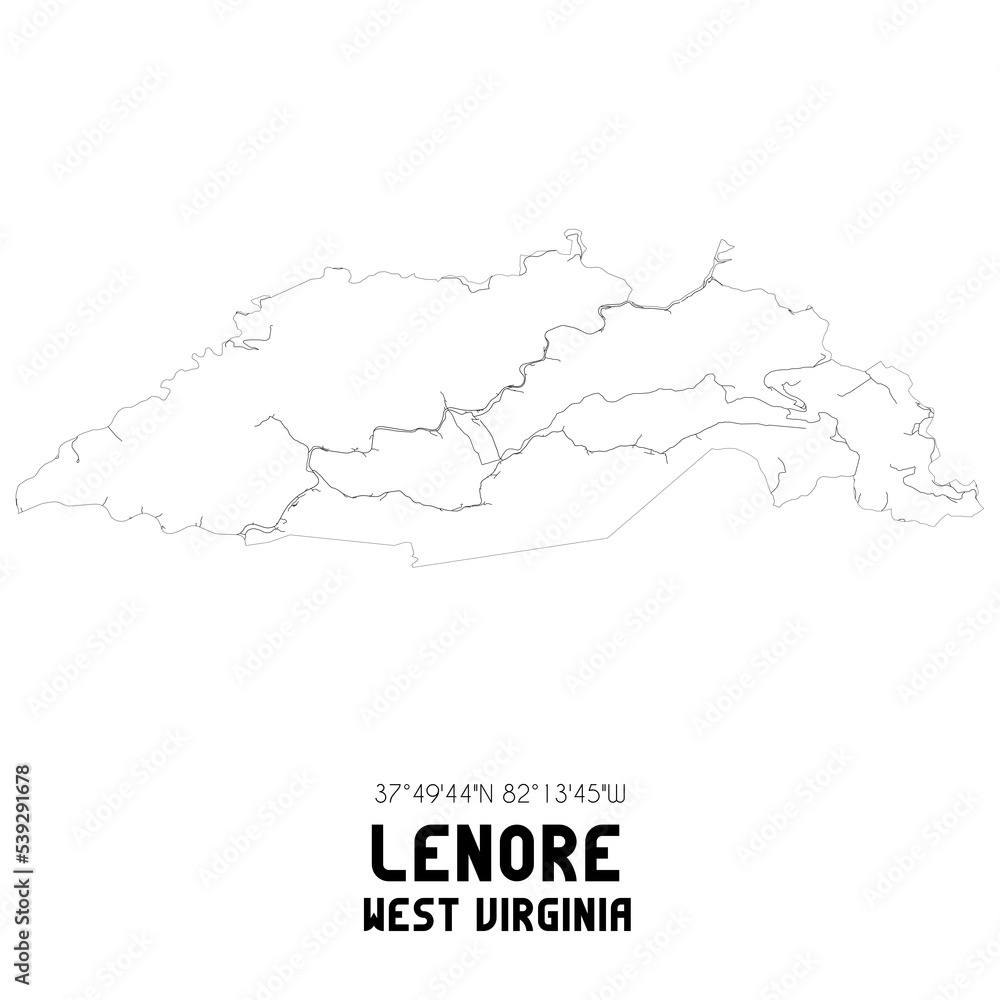 Lenore West Virginia. US street map with black and white lines.