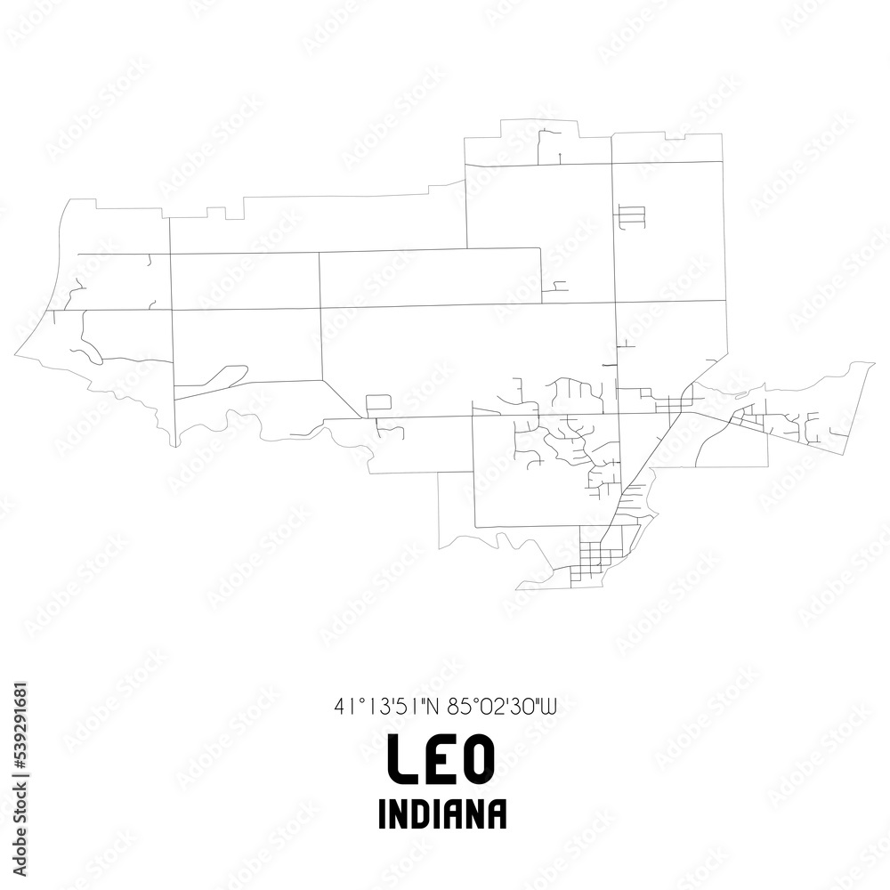 Leo Indiana. US street map with black and white lines.