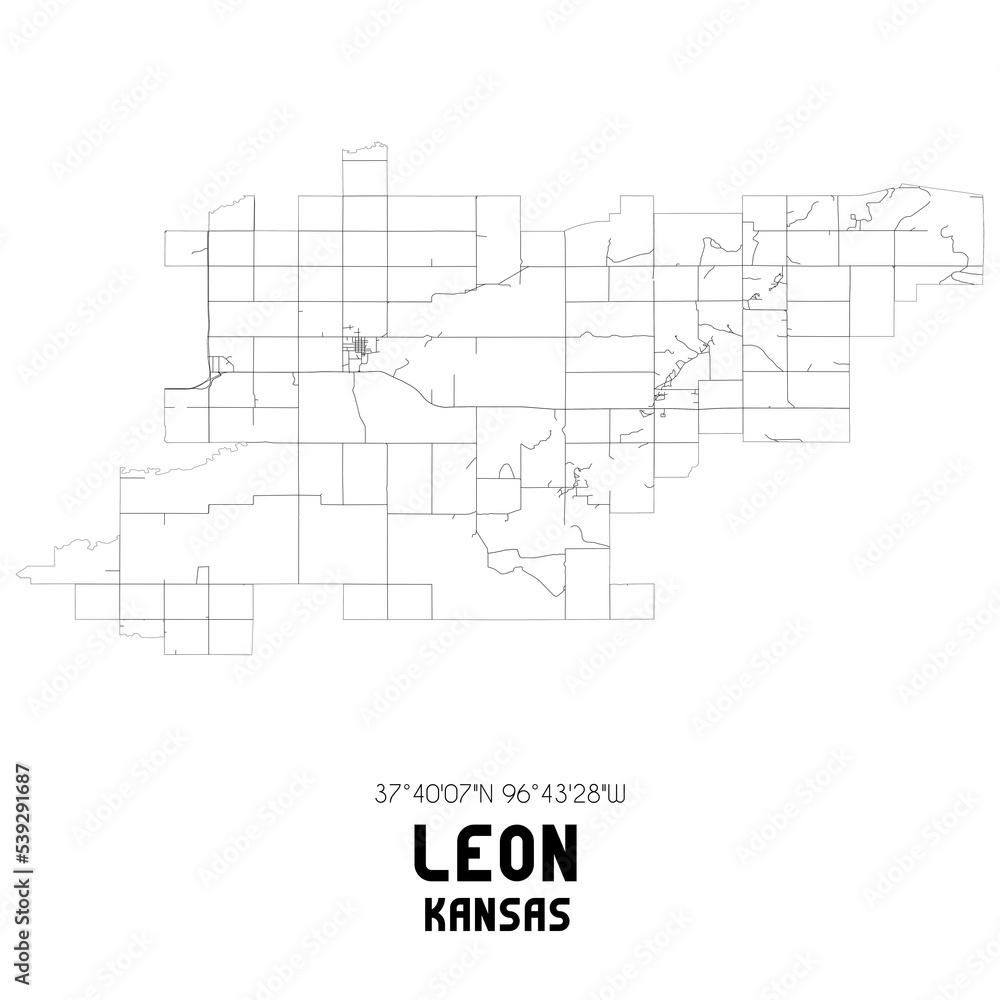 Leon Kansas. US street map with black and white lines.