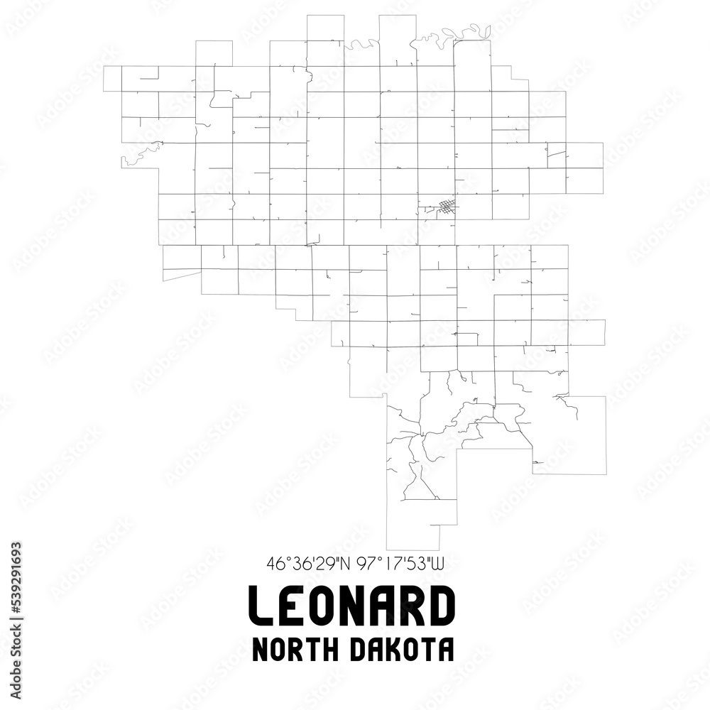 Leonard North Dakota. US street map with black and white lines.