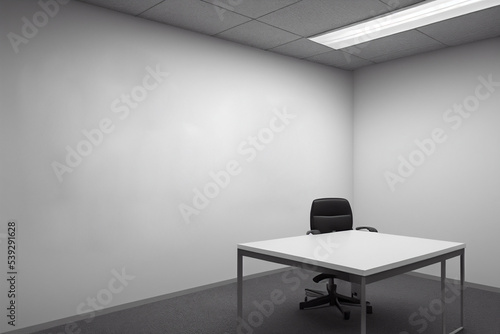 Empty office room with a mock white wall, chair and table for your logo. Office room with a floor wall, to place the corporate attributes of the company. 3D Office Rendering
