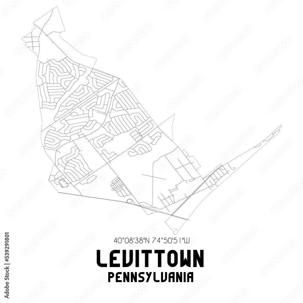 Levittown Pennsylvania. US street map with black and white lines.