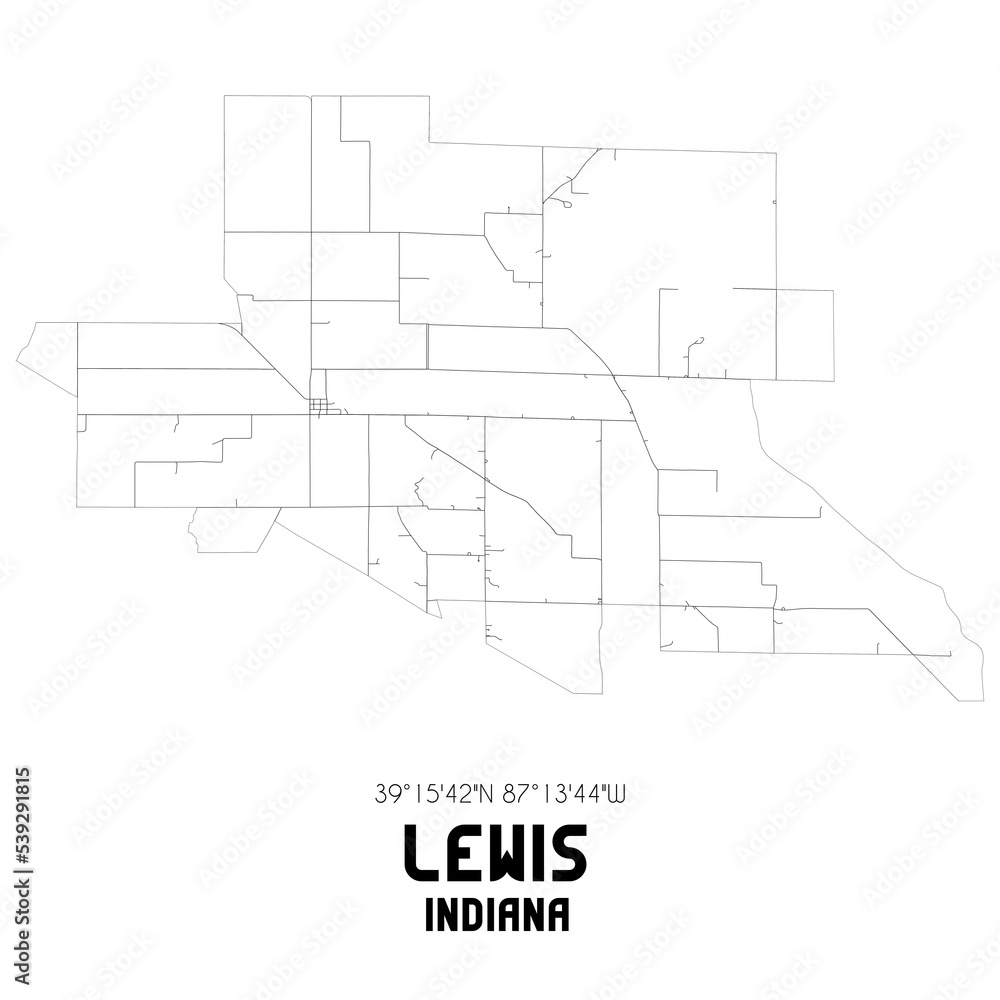 Lewis Indiana. US street map with black and white lines.