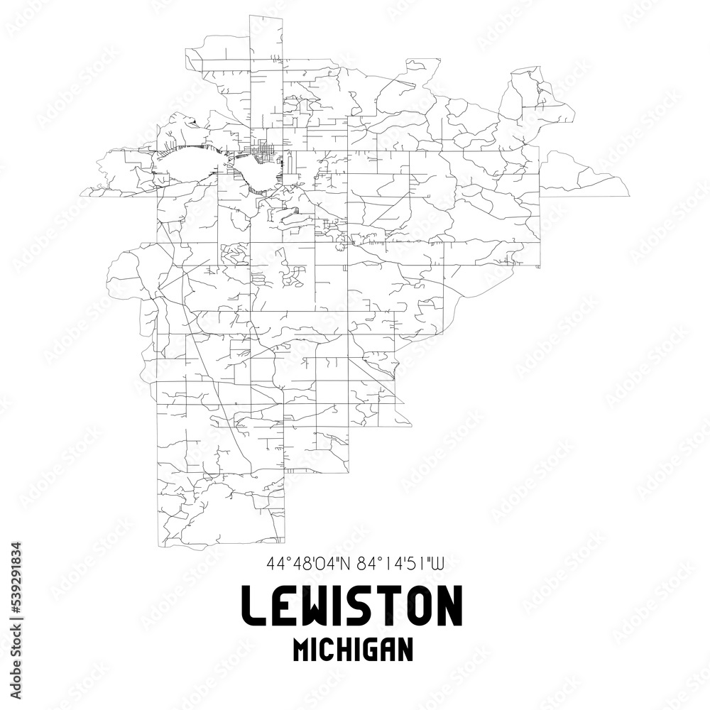 Lewiston Michigan. US street map with black and white lines.