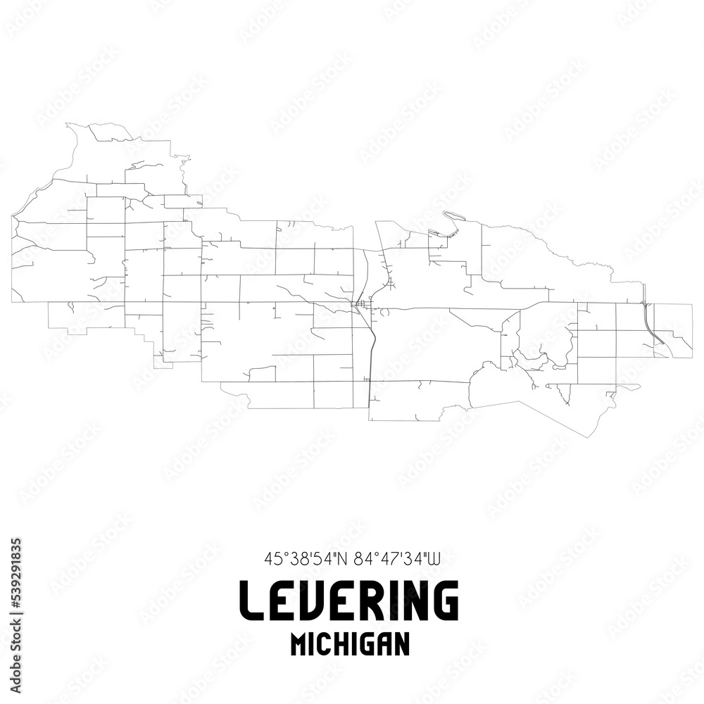 Levering Michigan. US street map with black and white lines.
