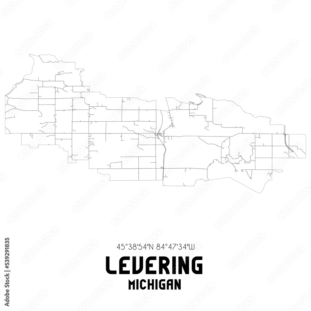 Levering Michigan. US street map with black and white lines. Levering Michigan. US street map with black and white lines.