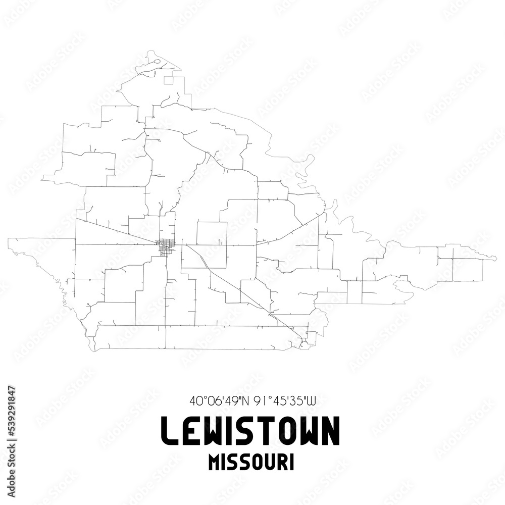 Lewistown Missouri. US street map with black and white lines.