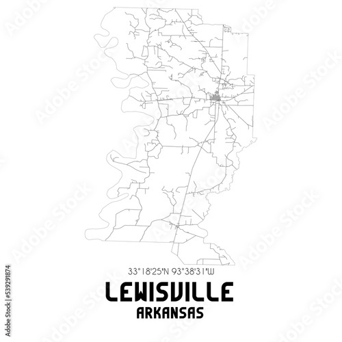 Lewisville Arkansas. US street map with black and white lines.