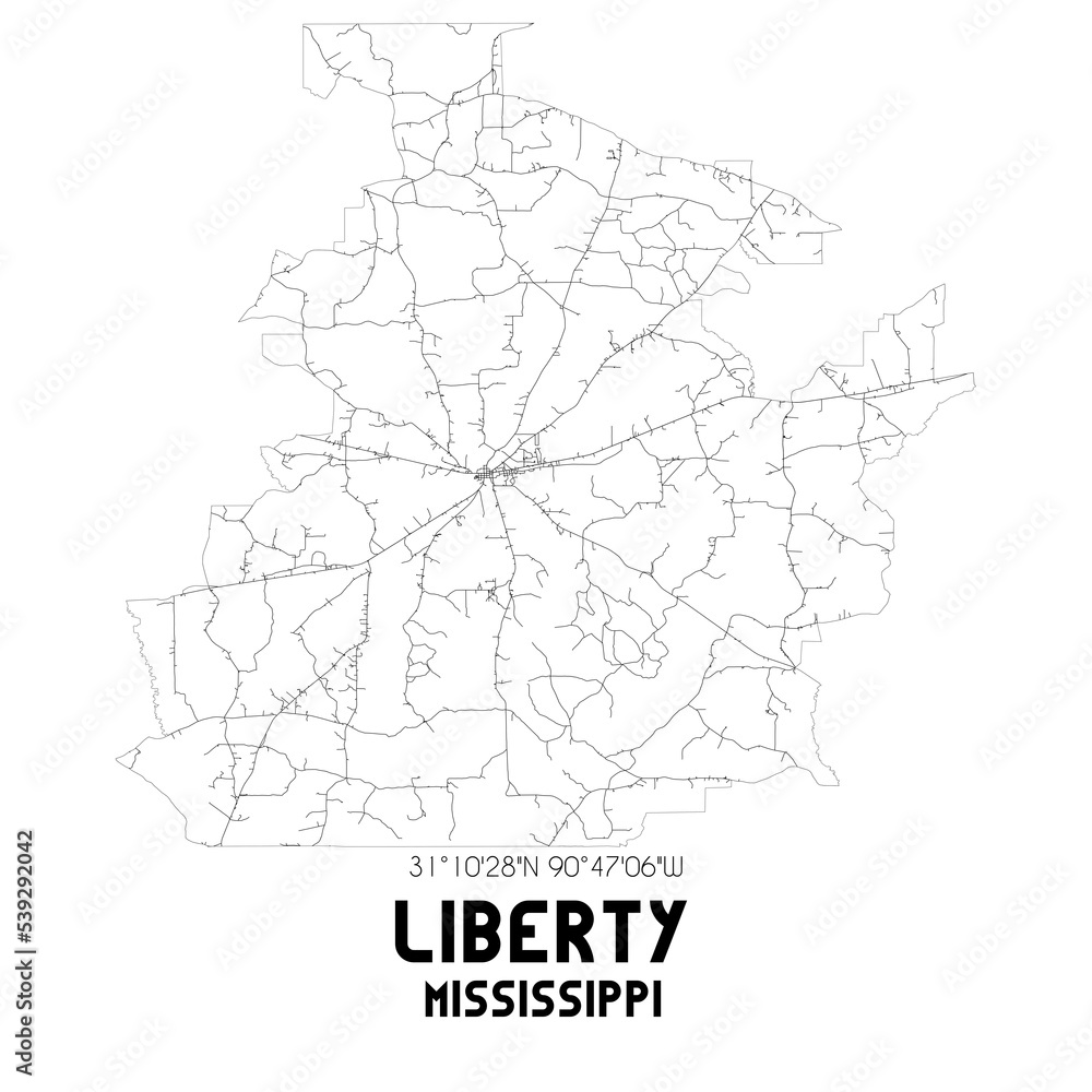 Liberty Mississippi. US street map with black and white lines.