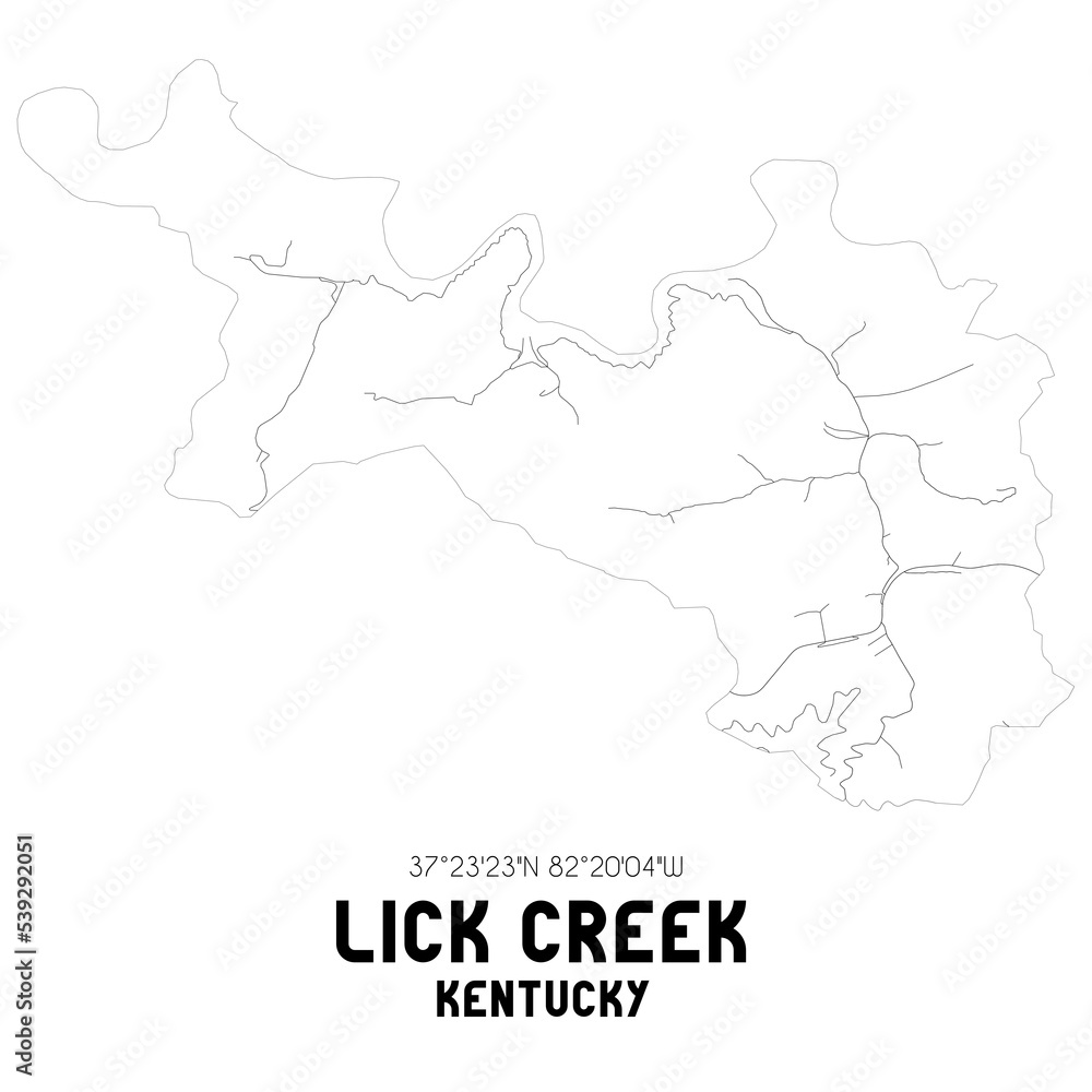 Lick Creek Kentucky. US street map with black and white lines.