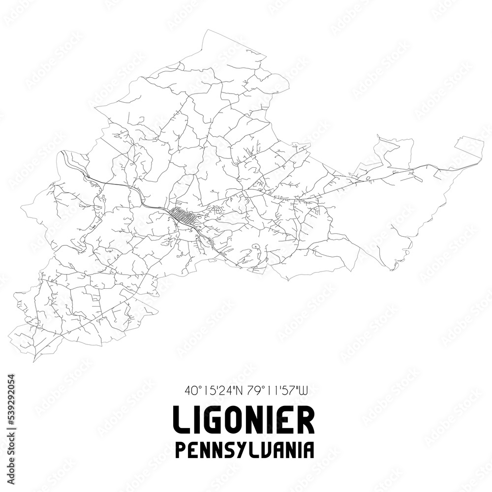 Ligonier Pennsylvania. US street map with black and white lines.