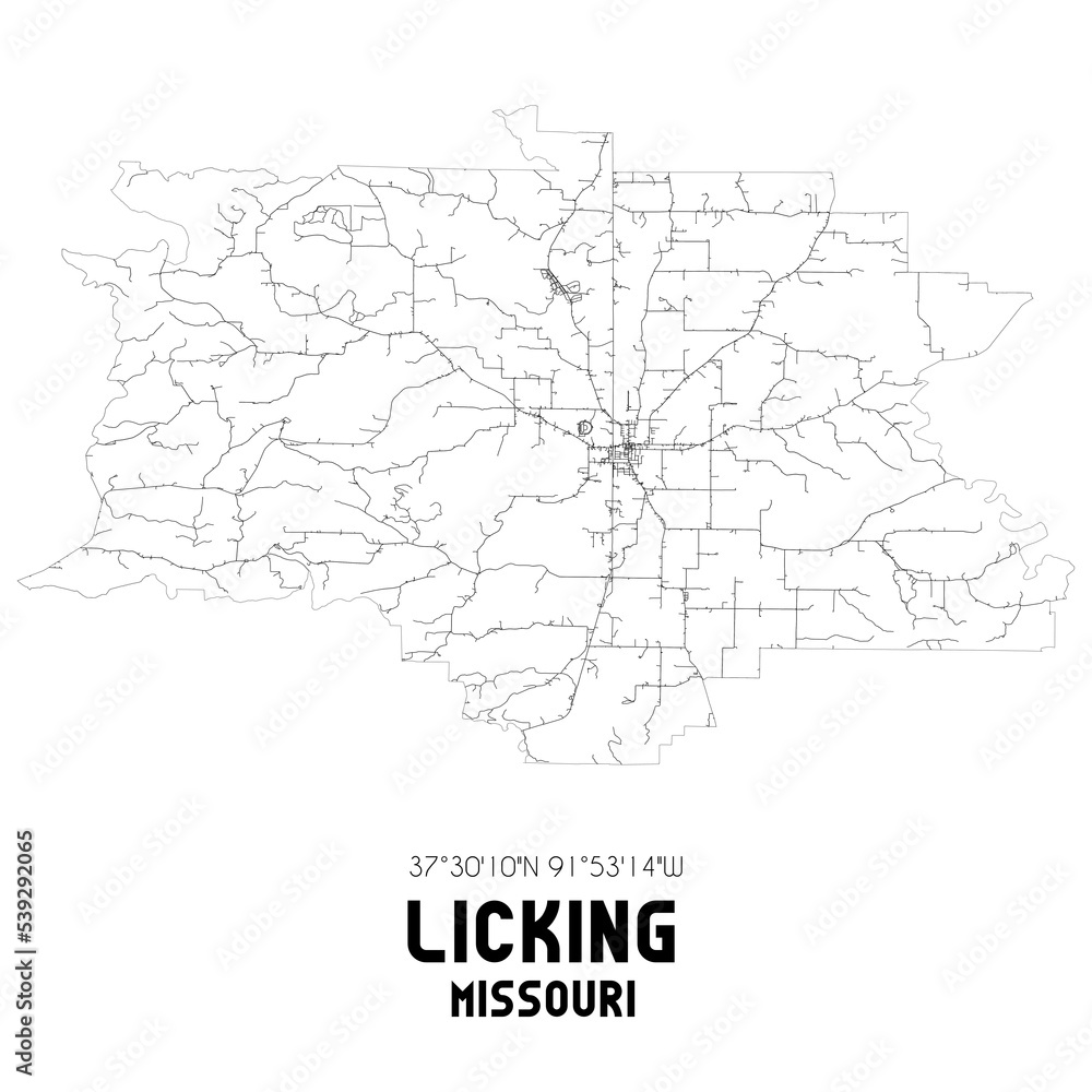 Licking Missouri. US street map with black and white lines.