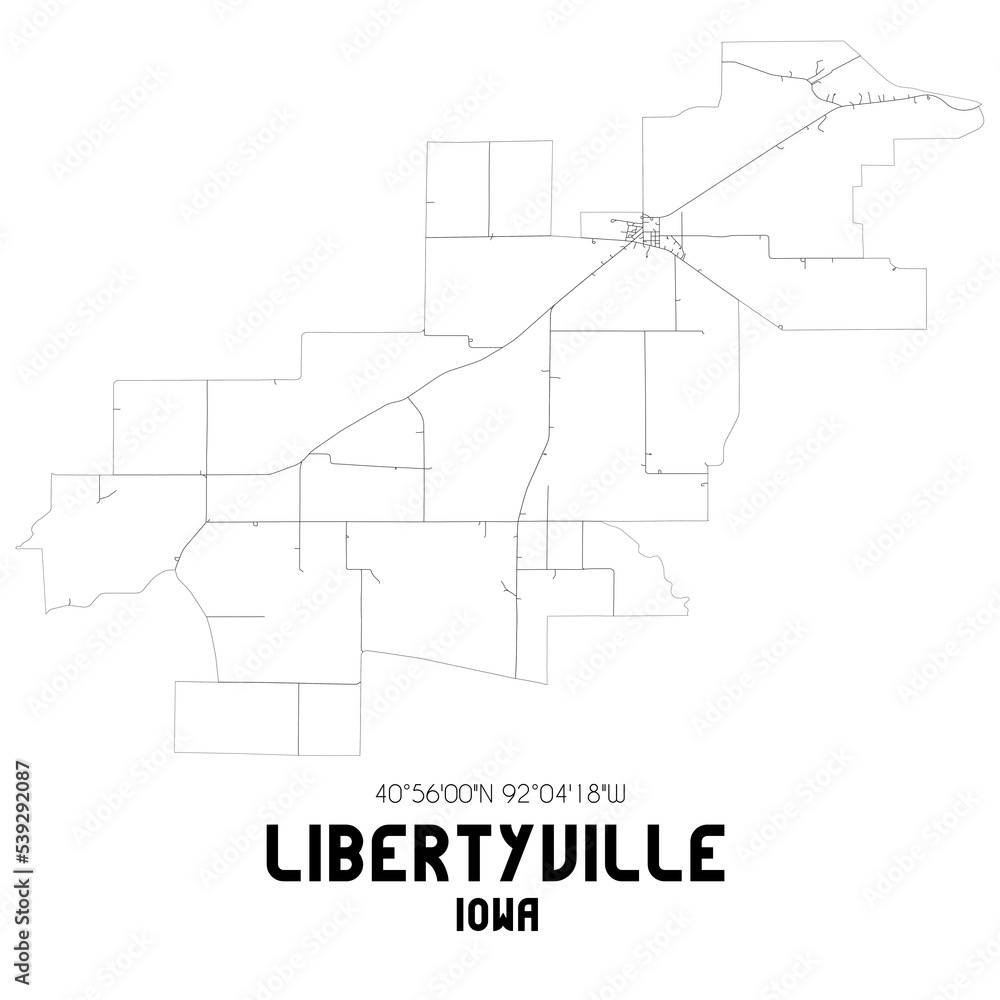 Libertyville Iowa. US street map with black and white lines.