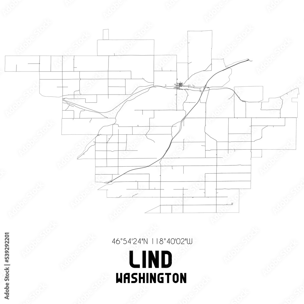 Lind Washington. US street map with black and white lines.